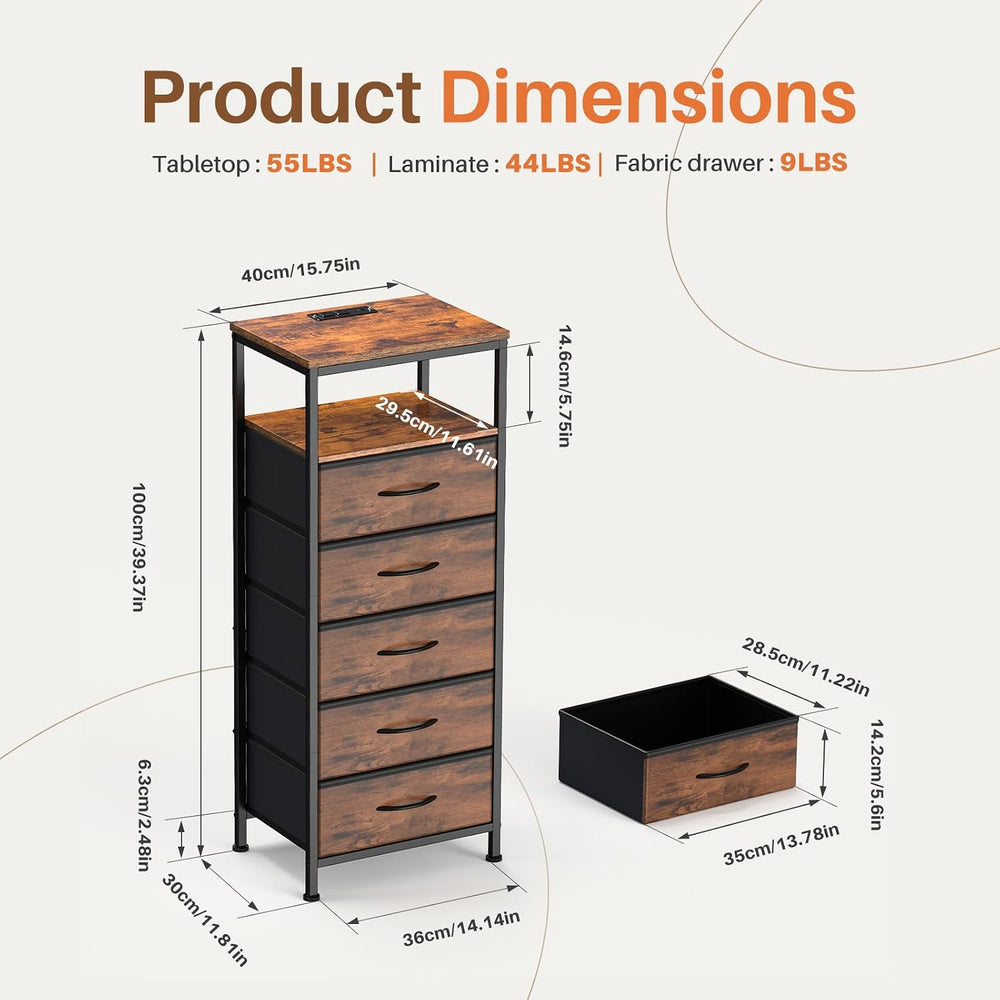 Sweetcrispy Nightstand with Charging Station 5 Fabric Drawers Bedside Table |...