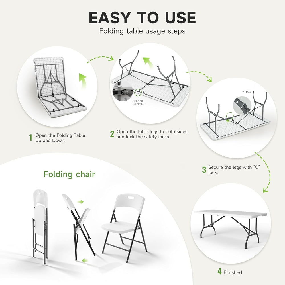 6FT Folding Table Set with 6 Chairs – Heavy-Duty 330 lb Table & 600 lb Ch...