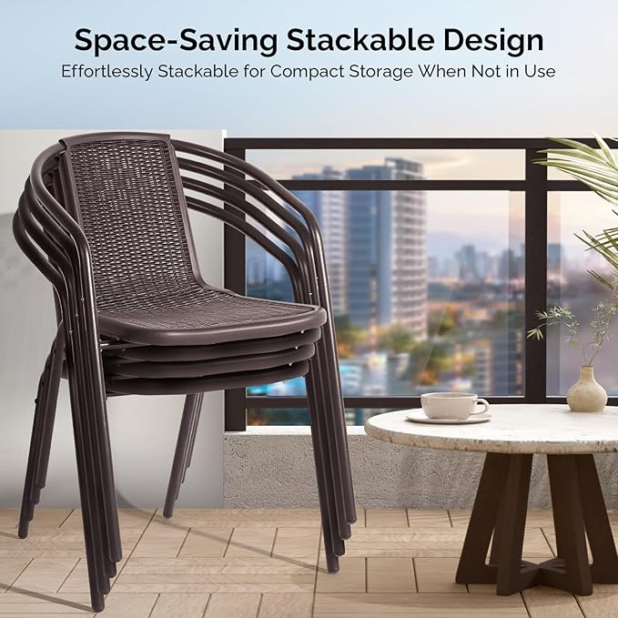 VINGLI Plastic Stackable Patio Chairs, Set of 4, Brown