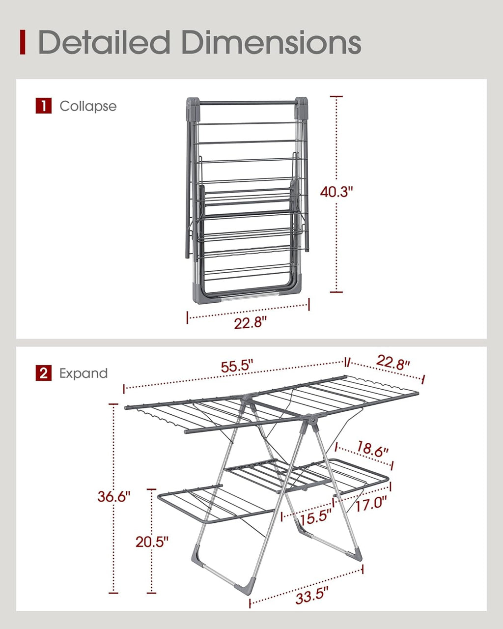 Sakugi Clothes Drying Rack, Foldable 2-Level Laundry Drying Rack with Height-Adjustable Wings, for Clothing & Bedding, Free-Standing Space-Saving Rack, Indoor & Outdoor, 55.5" L × 22.8" W, Gray