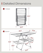 Sakugi Clothes Drying Rack, Foldable 2-Level Laundry Drying Rack with Height-Adjustable Wings, for Clothing & Bedding, Free-Standing Space-Saving Rack, Indoor & Outdoor, 55.5" L × 22.8" W, Gray