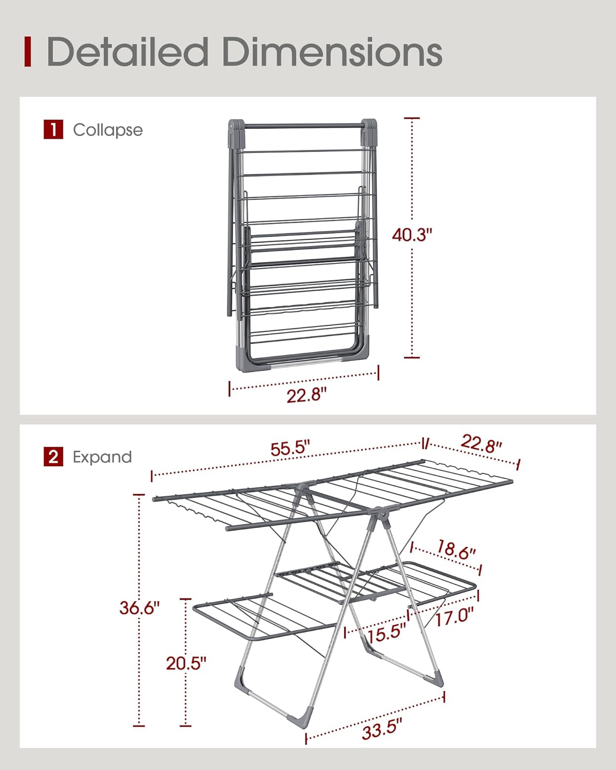 Sakugi Clothes Drying Rack, Foldable 2-Level Laundry Drying Rack with Height-Adjustable Wings, for Clothing & Bedding, Free-Standing Space-Saving Rack, Indoor & Outdoor, 55.5" L × 22.8" W, Gray