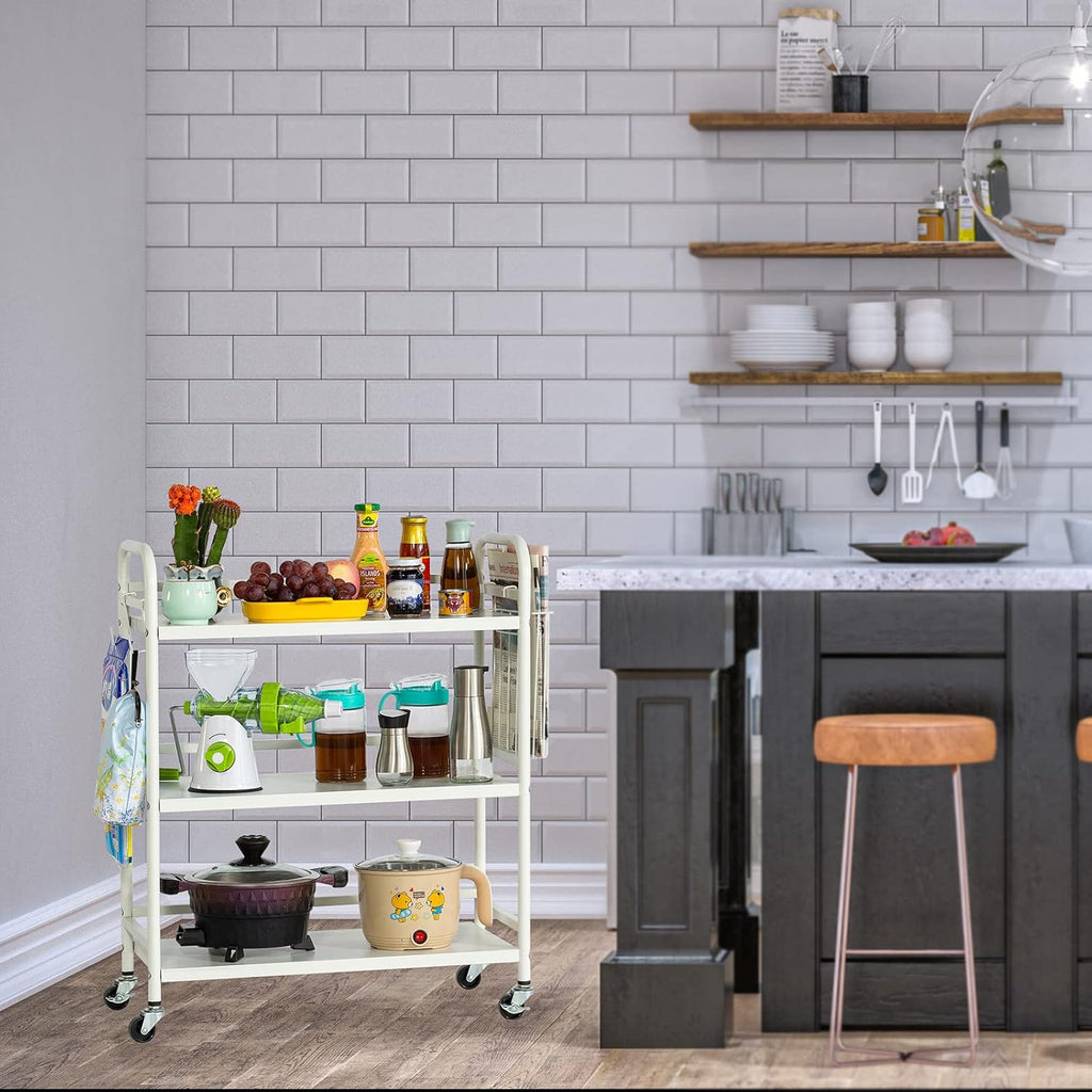HDANI 3 Tier Metal Rolling Utility Cart,High Capacity Multi Purpose Heavy Duty Cart for Office,Kitchen,Living Room,Bedroom,White