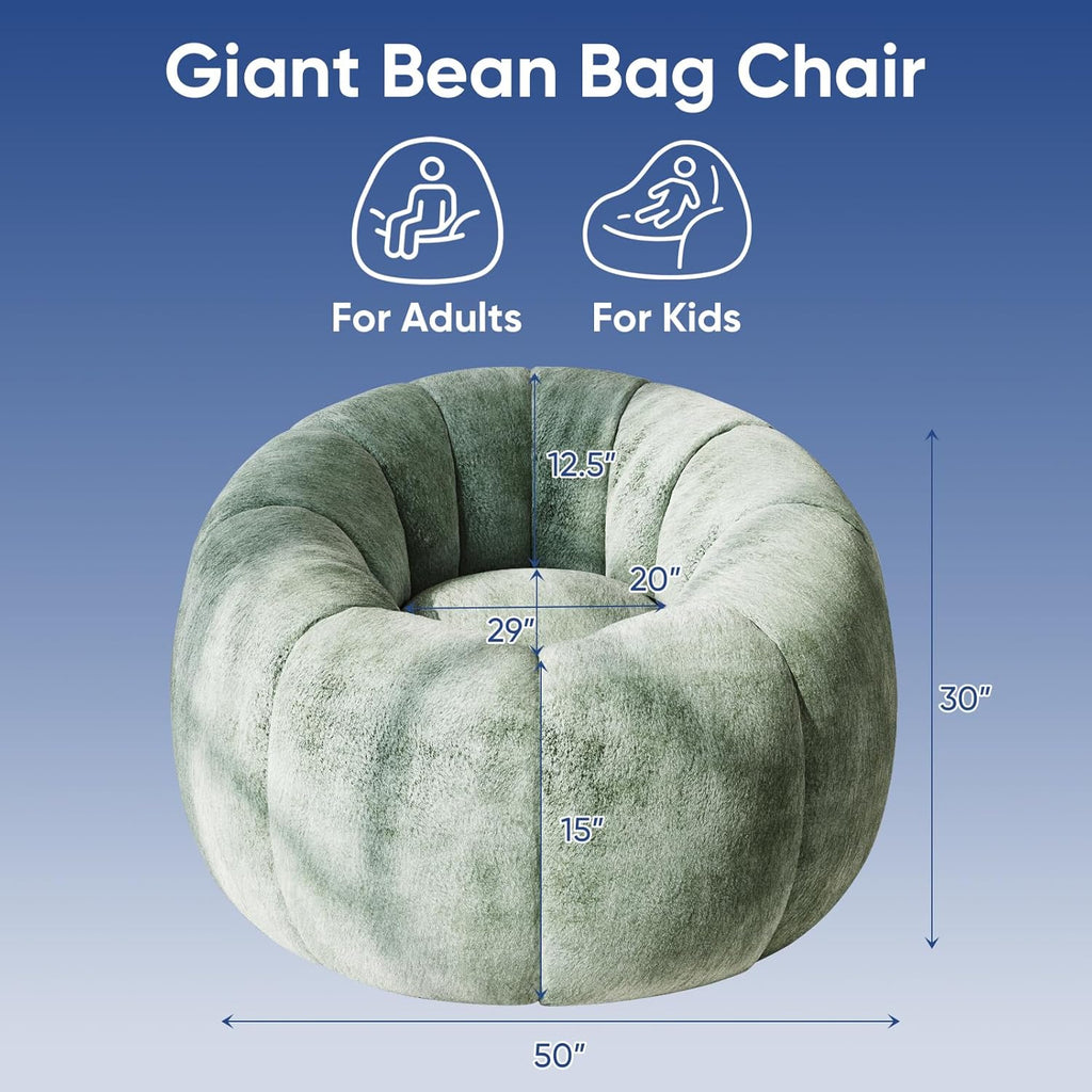 WHGBJA Pumpkin Bean Bag Chair for Adults/Teens with Filler Memory Foam, 5FT Comfy Big Bean Bag Sofa for Gaming, Reading, Relaxing in Living Room, Bedroom (Green)