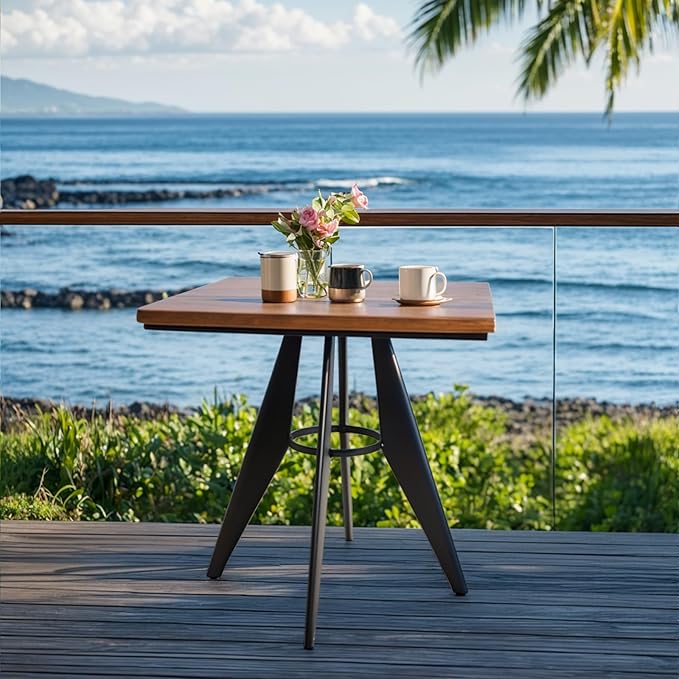 Square Cafe Table - 27.6" Pine Wood Top, Metal Frame, 28.15" High, Modern Industrial Dining Table for Kitchen, Home Office, Bistro, Compact for Space Saving, Black Base Brown Top