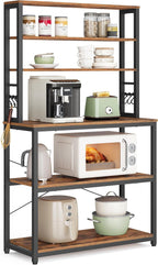 VASAGLE Coffee Bar, 31.5 Inches Baker's Rack for Kitchen with Storage, 6-Tier Kitchen Shelves with 6 Hooks, Microwave Stand, Industrial, Rustic Brown and Ink Black UKKS019B01