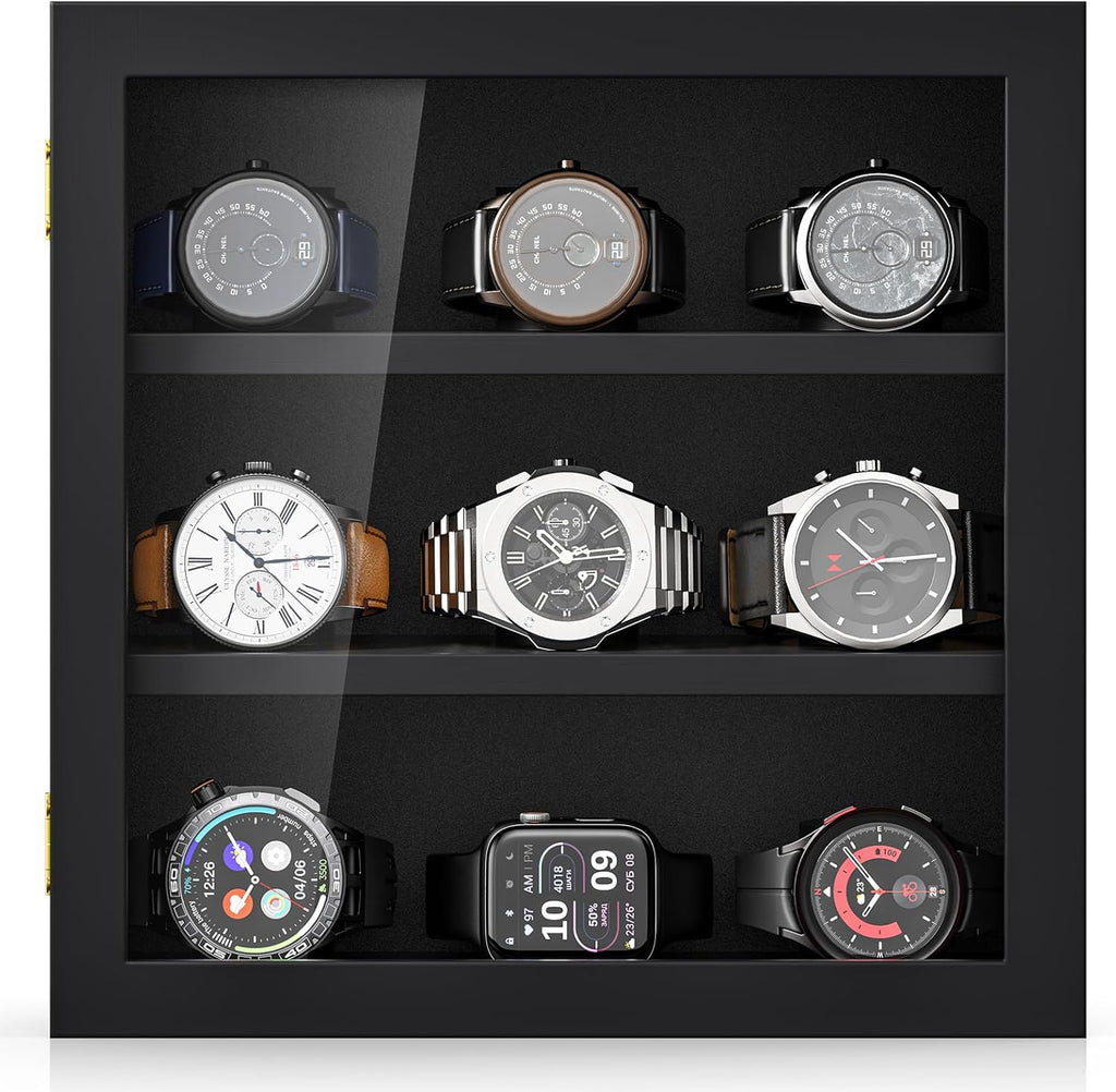 TJ.MOREE 9-Slot Watch Display Case, Wall Mount Wooden Watch Box, Vertical Storage Men’s Watch Box