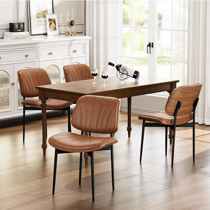 Dining Chairs Set of 2, Dining Room and Kitchen Chairs, Mid Century Modern Accent Chair, Upholstered PU Leather Chairs for Vanity with Walnut Bentwood and Metal Legs, Light Tan