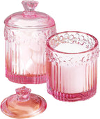 Pink Qtip Cotton Ball Hair Ties Candy Holder Makeup Storage Bathroom Accessories Organizer Thick Glass Apothecary Jars with Lid, 2pcs