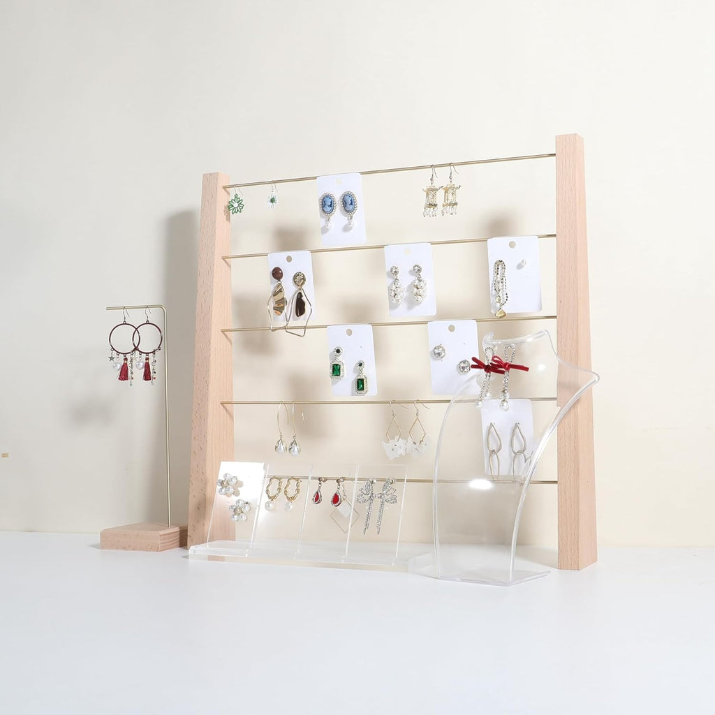 GemeShou 5 Tiers Beech Earring display stands for selling, Wooden Jewelry Shelf, Earring Storage Organizer, Brass earring holders with 30 PVC cards for stud Dangle Hoop【Beech 5-Tier】