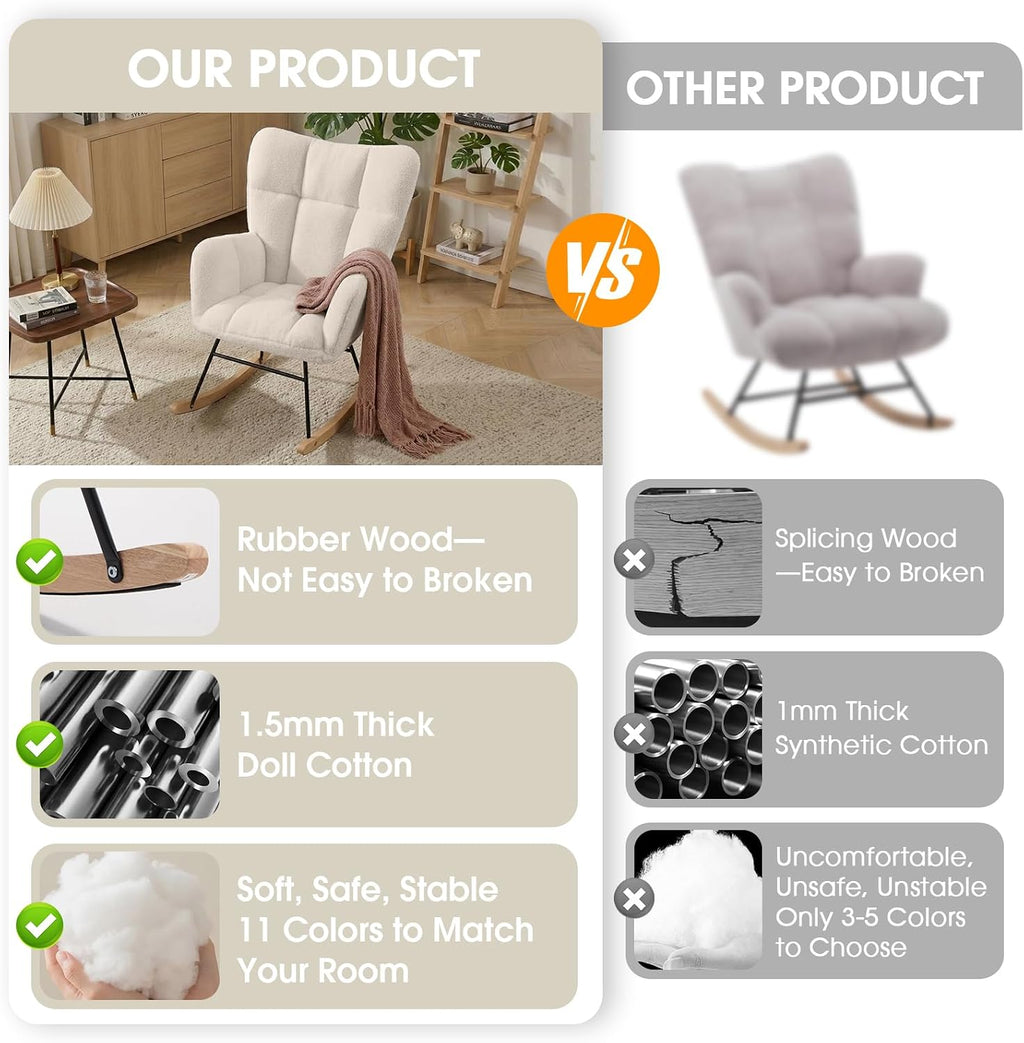Nursery Rocking Chair, Teddy Upholstered Glider Chair with Thick Cushion, Tufted Gliding Rocker Chair with Wood Leg, Cozy Rocking Armchair, Accent Rocking Chair for Living Room (Ivory)
