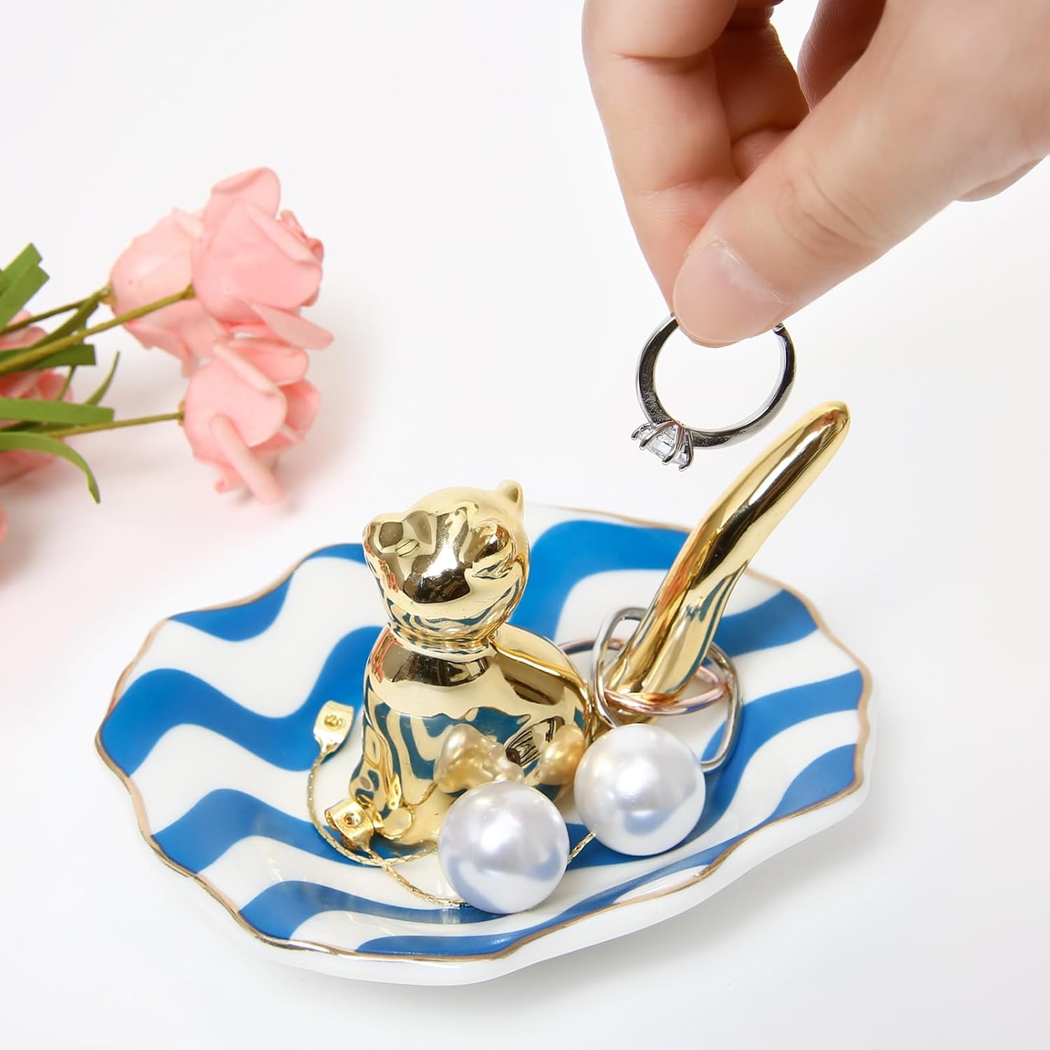 Ceramic Jewelry Cat Tray, Ring Holder Trinket Dish, Gifts for Women | Jewelry Organizer, Trinket Tray, Engagement, Birthday Gifts, Vanity Cat Decor for Earrings, Necklace, Bracelet