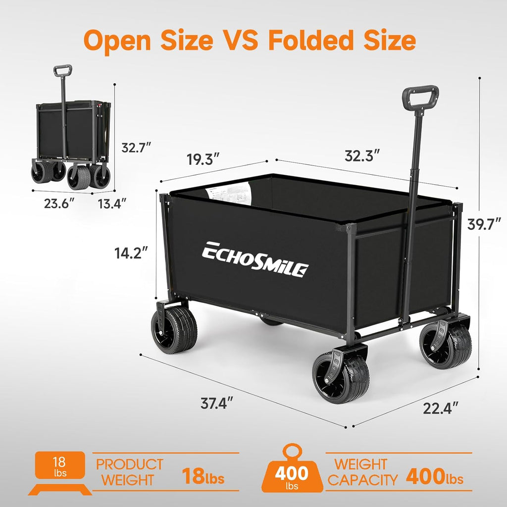 EchoSmile Collapsible Wagon Cart for Camping & Beach - Heavy Duty 400lbs Capacity All-Terrain Cart with Wide Wheels, Portable Folding Utility Wagon for Grocery, Garden, Sports,Black