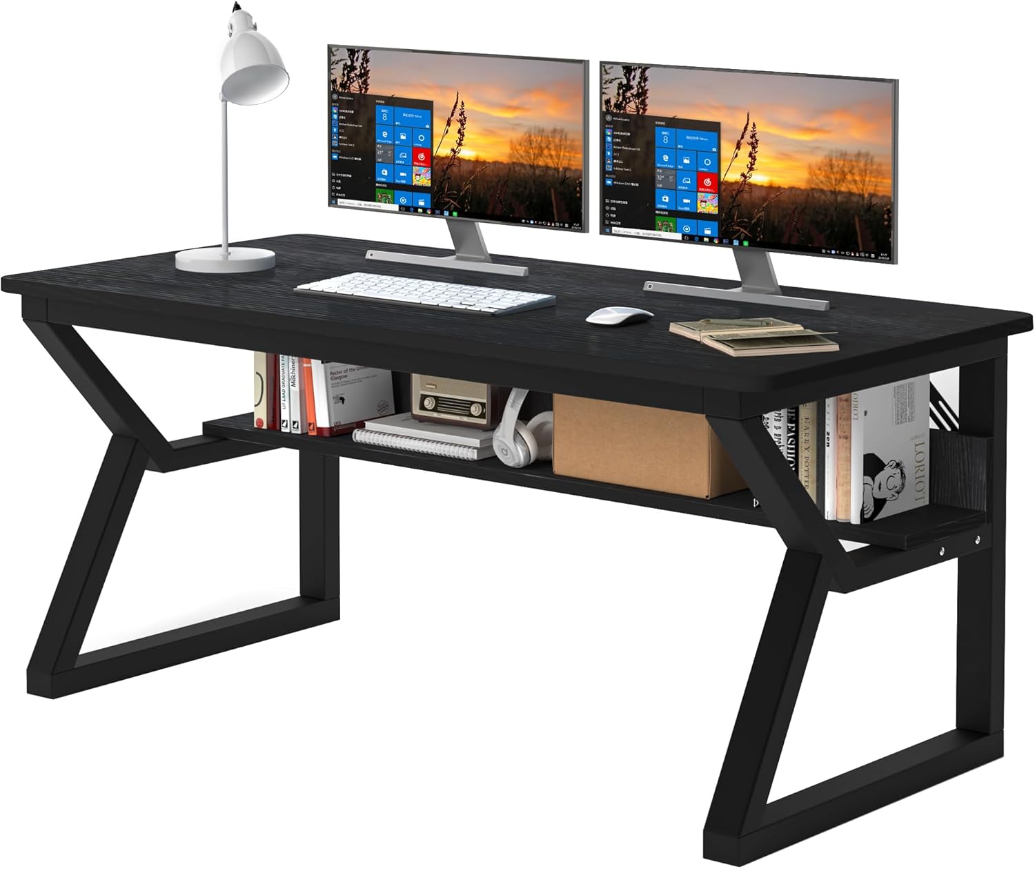 55 inch Computer Desk with Storage Shelf, K-Shaped Office Desk with Sturdy Metal Frame, Writing Gaming Work Desk with Waterproof Surface for Home Office & Bedroom, Black