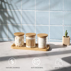 Qtip Holder with Vanity Tray, 3 Pack Glass Apothecary Jars with Lids, Bathroom Accessories Canisters Organizers Jars Containers for Cotton Ball Round Swab Pad Hair Ties Floss Perfume Jewelry