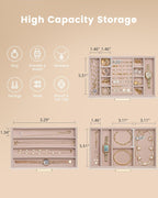 Lolalet Jewelry Box Organizer, 3-Layer Jewelry Organizers and Storage Case with Glass Lid, Ring Earring Bracelet Necklace Holder Organizer, Birthday Christmas Gifts for Women Girls -3Layer, Beige