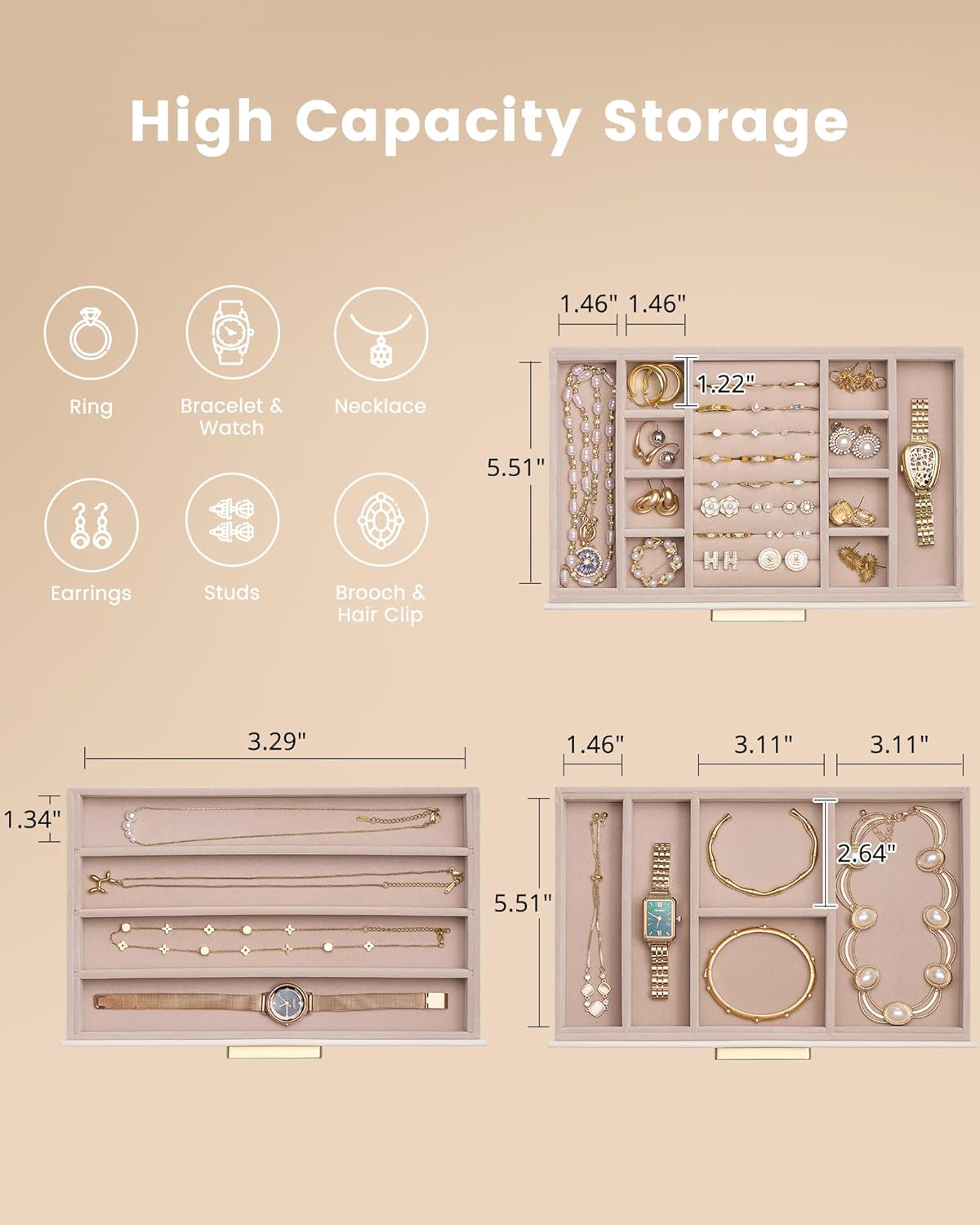 Lolalet Jewelry Box Organizer, 3-Layer Jewelry Organizers and Storage Case with Glass Lid, Ring Earring Bracelet Necklace Holder Organizer, Birthday Christmas Gifts for Women Girls -3Layer, Beige