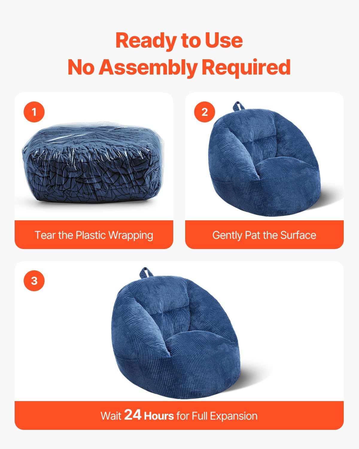 VEVOR Bean Bag Chair, 3 feet Bean Bag Chair with Soft Armrests and Storage Pocket, 25D Memory Foam Filled with Soft Teddy Velvet Cover, Bean Bag for Bedroom or Playroom, Blue