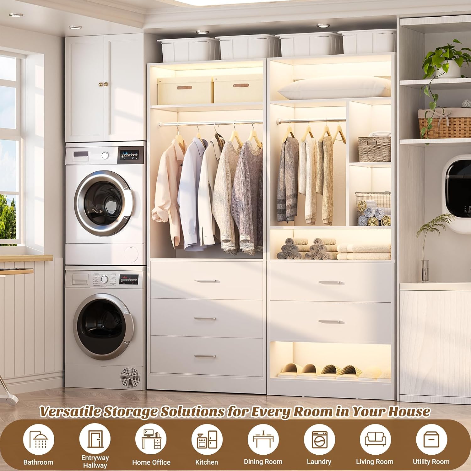 Besiost 4FT Closet Systems with 5 Drawers, 48" Closet Organizer System | Wood Closet Organizer with 2 Hanging Rods & 7 Shelves, Heavy Duty 48" Walk-in Closet for Nusery, White (48"L x 15" W x 80" H)