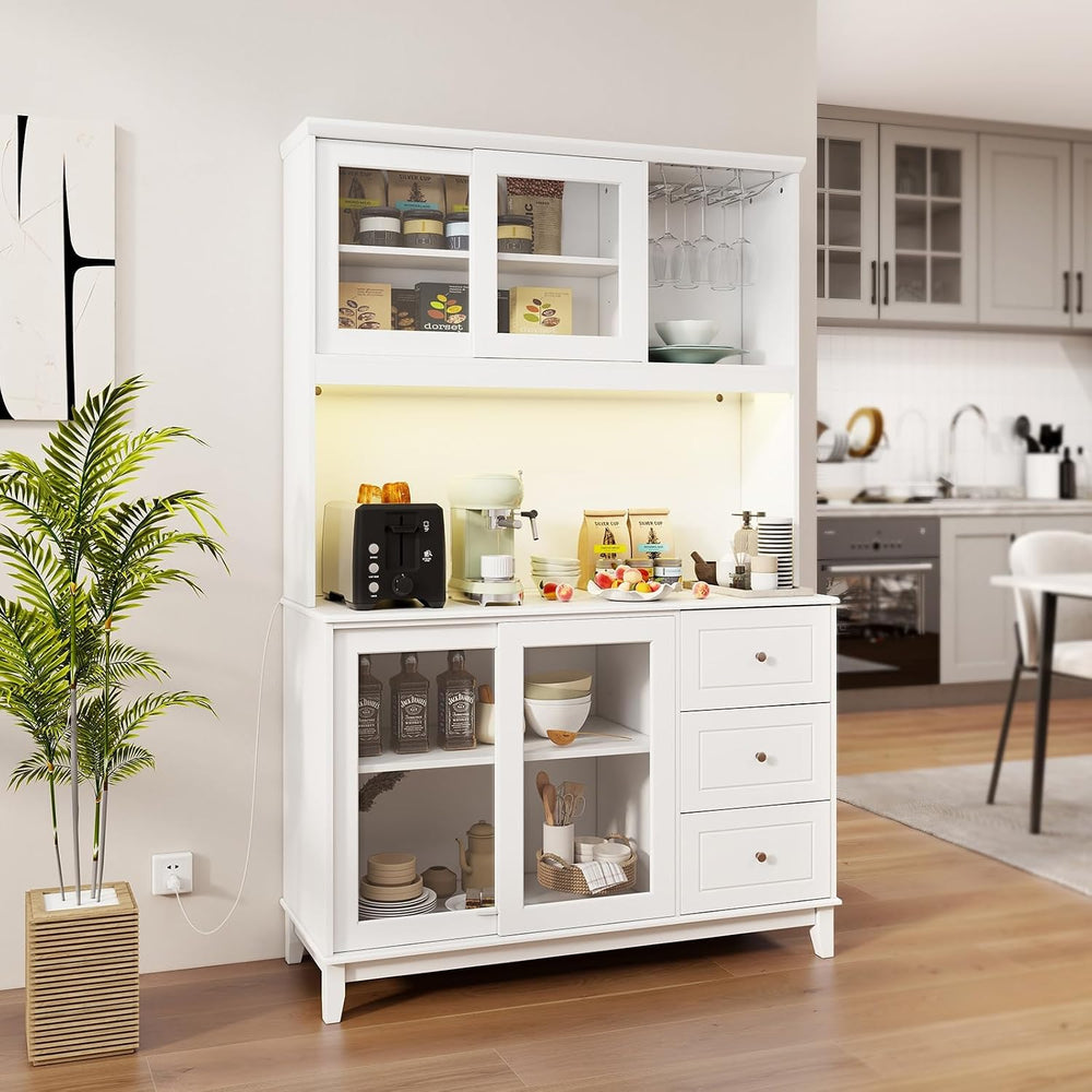 73” Kitchen Pantry Storage Cabinet w/Power Outlets & Led Lights | Tall Cu...