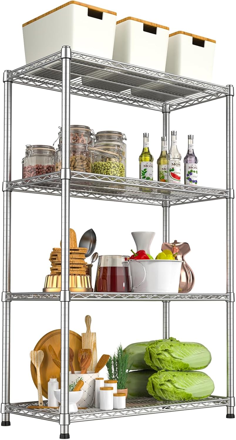 4- Shelf Storage Shelves Metal Shelving Unit Adjustable 4 Tier Wire Shelving Rack Sturdy Steel Heavy-Duty 2200 LBS Organizer for Laundry Bathroom Kitchen Closet Pantry Basement Garage Utility Room