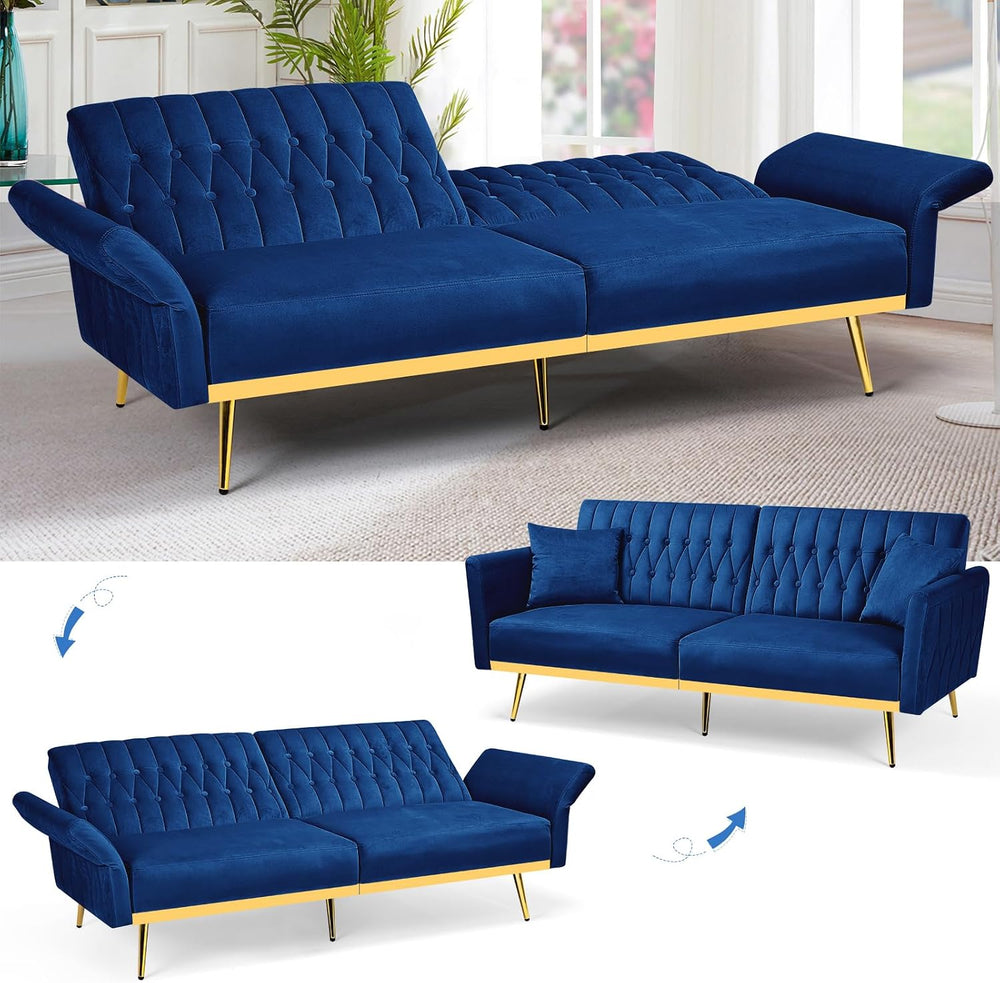 2 Pieces Velvet Sofa Set with Adjustable Armrest and Backrests, Blue | 70” Co...