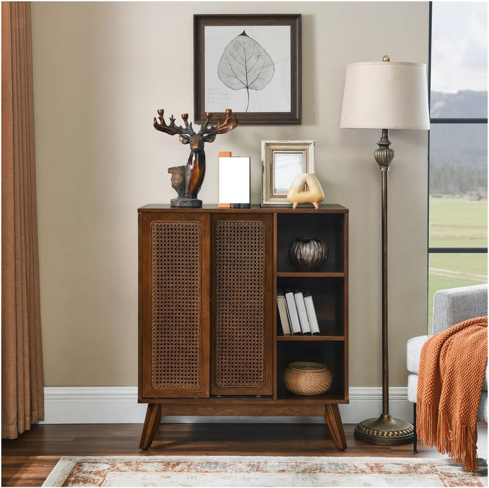 Mid Century Modern Rattan Sideboard Cabinet, Buffet Cabinet for Entryway Hall...