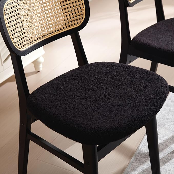 Black Rattan Dining Chairs Set of 2 Lambswool Dining Room Chairs Natural Wooden Kitchen Chairs Farmhouse Boho Side Chairs