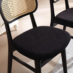 Black Rattan Dining Chairs Set of 6 Lambswool Dining Room Chairs Natural Wooden Kitchen Chairs Farmhouse Boho Side Chairs