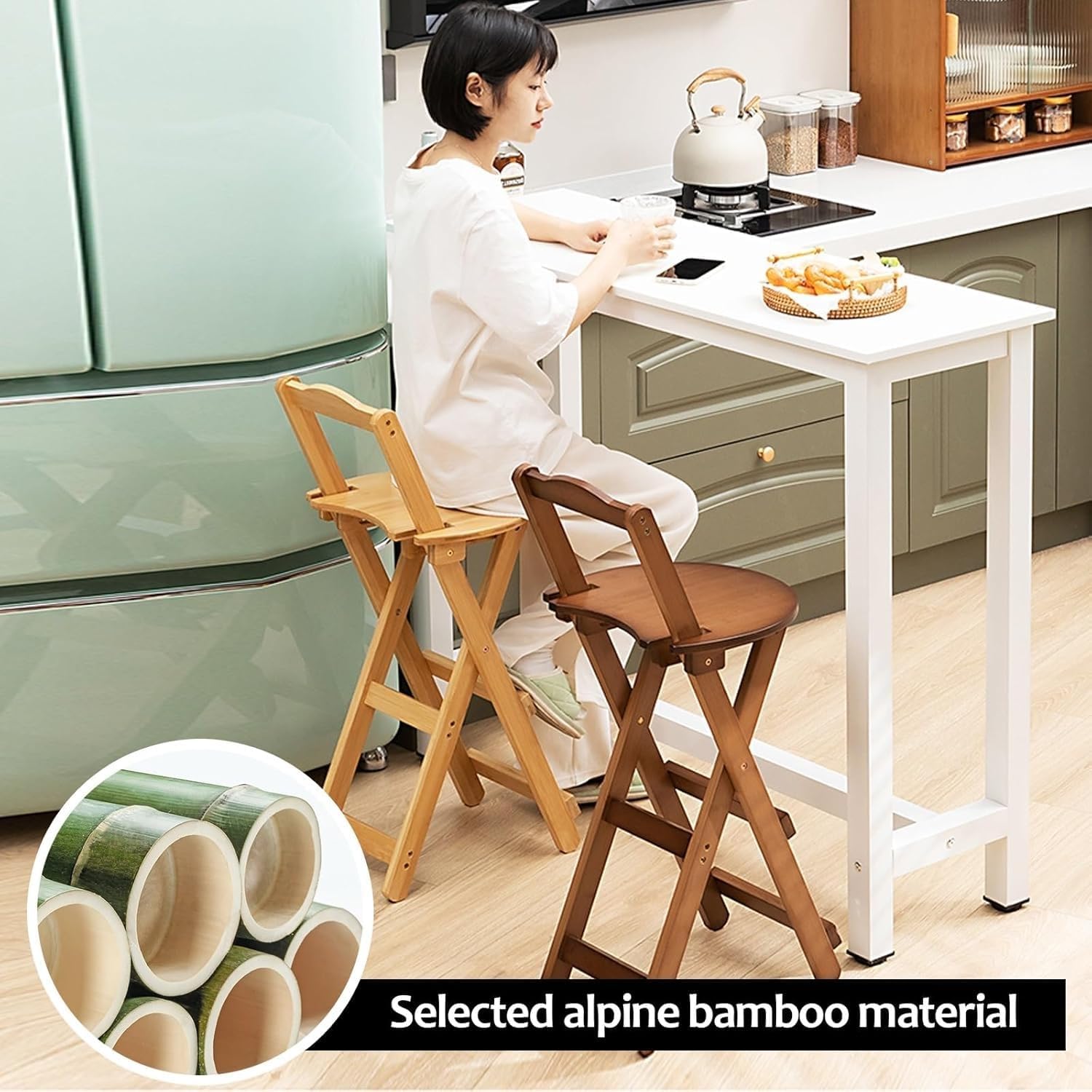 Folding Chairs Bamboo Bar Stools Set of 2, Kitchen Counter Height Stools with Backrest and Footrest,(Brown,Medium)