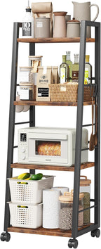 Homeiju 4 Tier Kitchen Storage Cart with Lockable Wheels & 6 Hooks, Mobile Utility Organizer Rolling Cart for Small Spaces, Bar Cart for Kitchen and Living Room, Rustic Brown