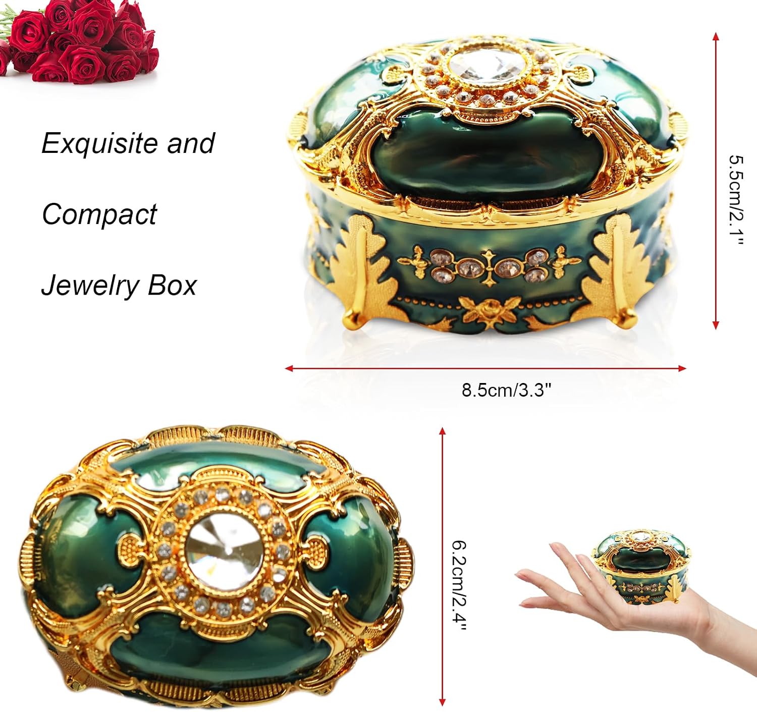 Vintage Enamel Oval Emerald Green Jewelry Box, Metal Trinket | Metal Enamel, Oval Emerald Green, Velvet Lined. For Earrings, Rings, Necklaces, Bracelets. Gift for Girls, Women, Home Decor