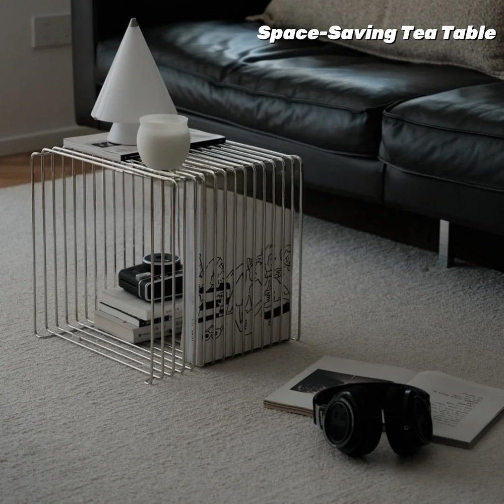 Stainless Steel Side Table, Metal Side Table with Wire Cube Storage, Retro Sq...