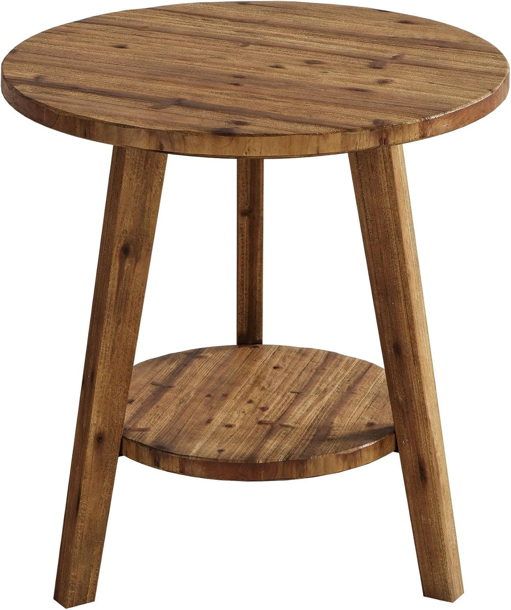 Solid Wood Round End Table, Sofa Side Table with Storage Shelf, Farmhouse Nig...