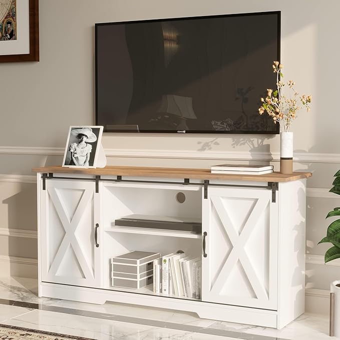 4 EVER WINNER TV Stand for 65 Inch TV for Living Room, Modern Farmhouse Barn Door TV Stand with Storage Cabinets and Adjustable Shelves for Bedroom, Media Entertainment Center TV Console Table, White