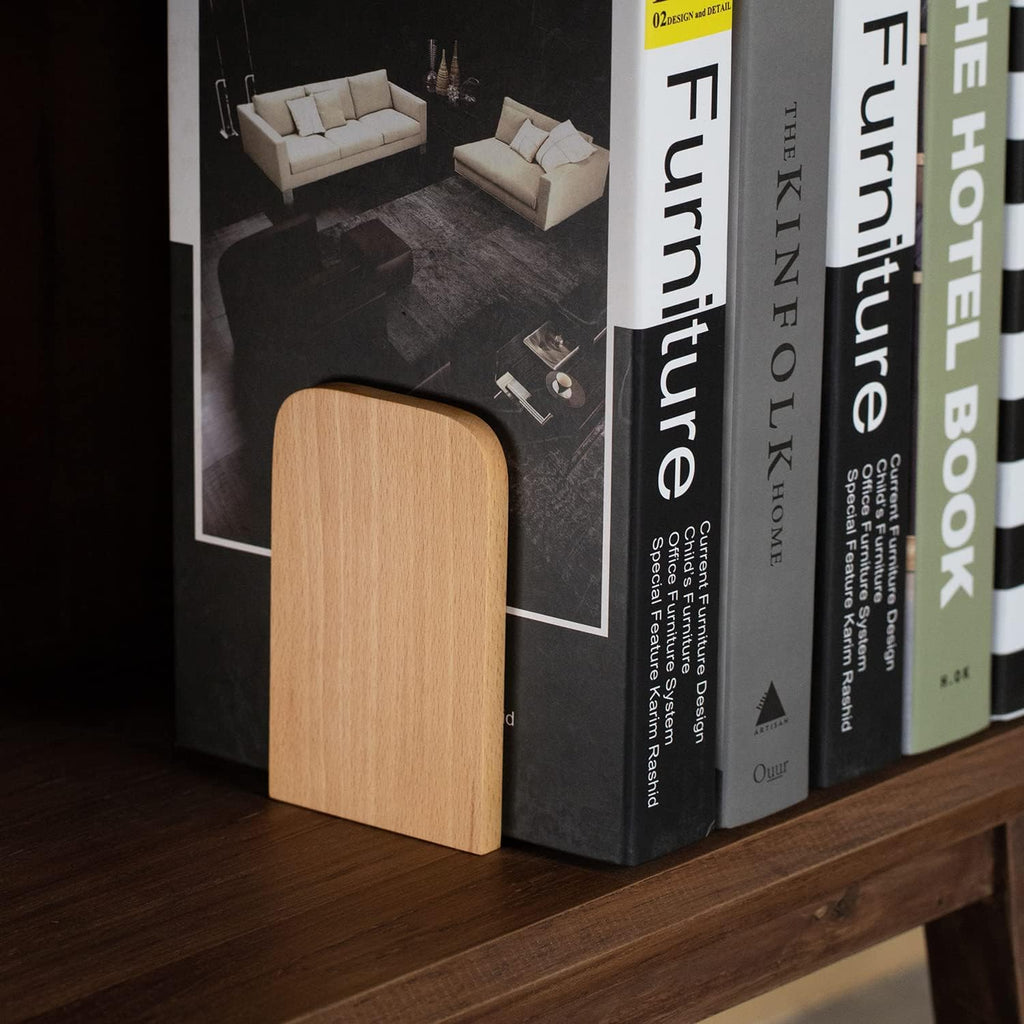 Muso Wood Book Ends for Shelves, Non-Slip Bookends, Heavy Duty Wooden Bookend Support for Books and Movies (Beech 2 Pairs)
