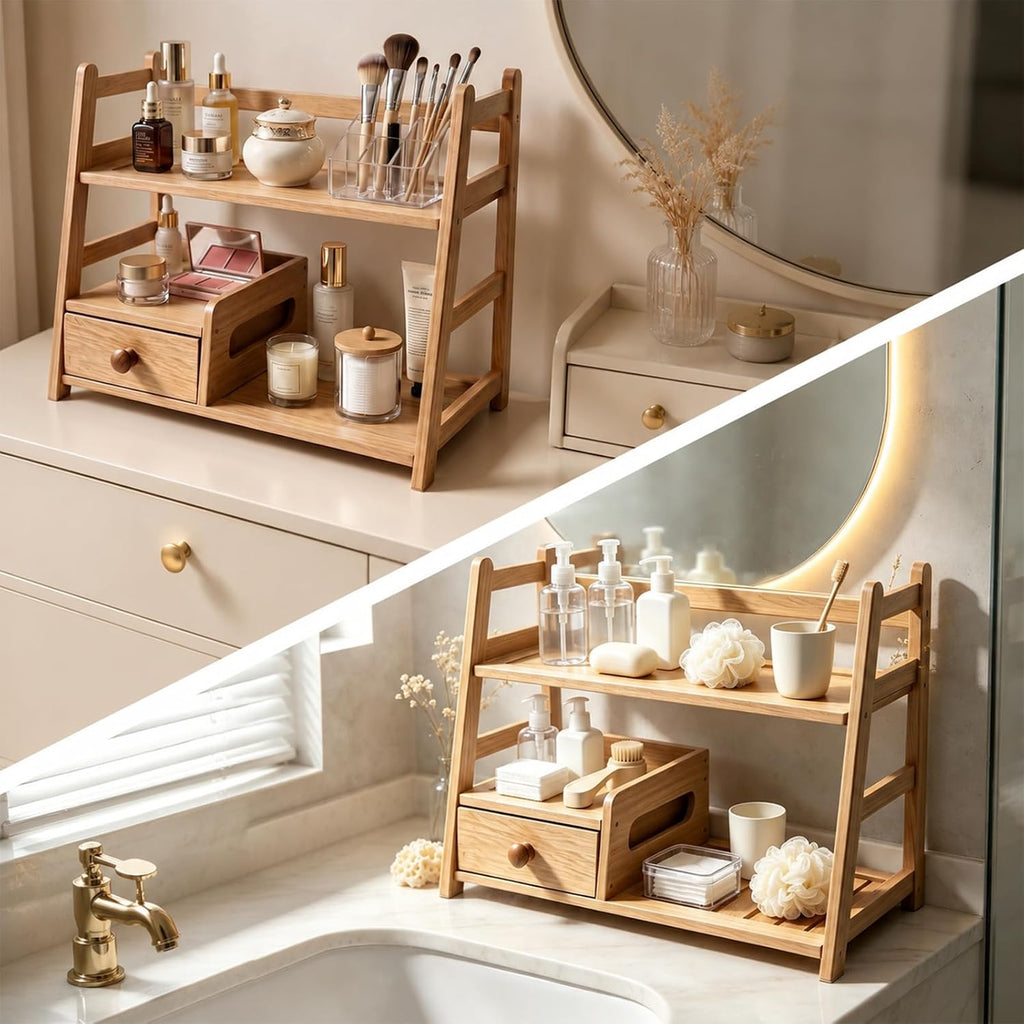 Tea Matcha Coffee Bamboo Station with Drawer for Kitchen and Office | countertop tidying, two-tier design, easy to clean, requires no complicated assembly, multi-scene use, tea drawer