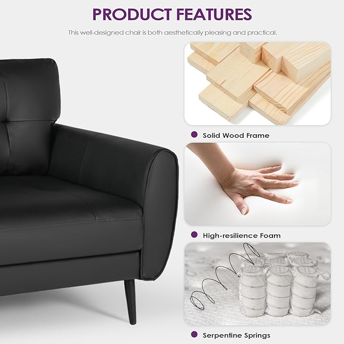TYBOATLE Sofa Couch 61" Small Loveseat Couches for Living Room Leather Couch Mid Century Modern Tufted Mini Sofa Comfy Office 2 Seat Settee Love Seat for Small Spaces Bedroom (3, Black)