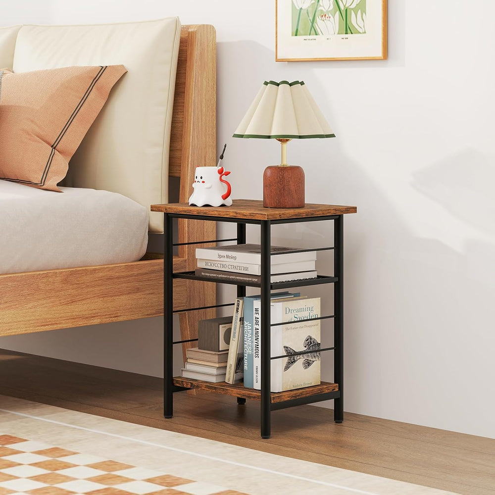 Giantex 3-Tier Side Table with Adjustable Mesh Shelf, Industrial Nightstand, ...