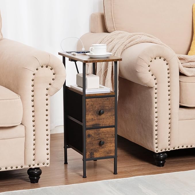 Narrow End Tables Living Room Set of 2 with Charging Station, Skinny Side Tab...