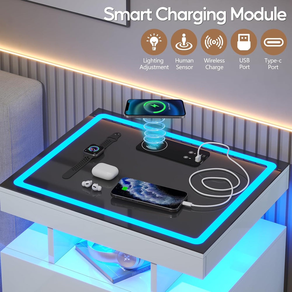 LED Nightstand Set 2 with Charging Station,Motion Senor,White | Night Stand w...