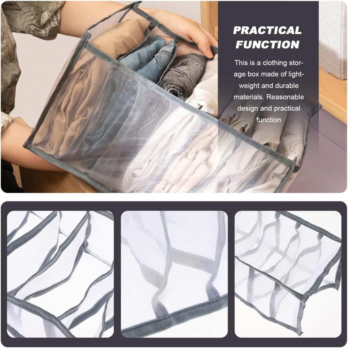 Clothes Organizer and Underwear Drawer Box, Medium 6-compartment Pants Dividing Storage Bin, Grey Mesh Fabric, Closet Storage for Travel and Home Wardrobe