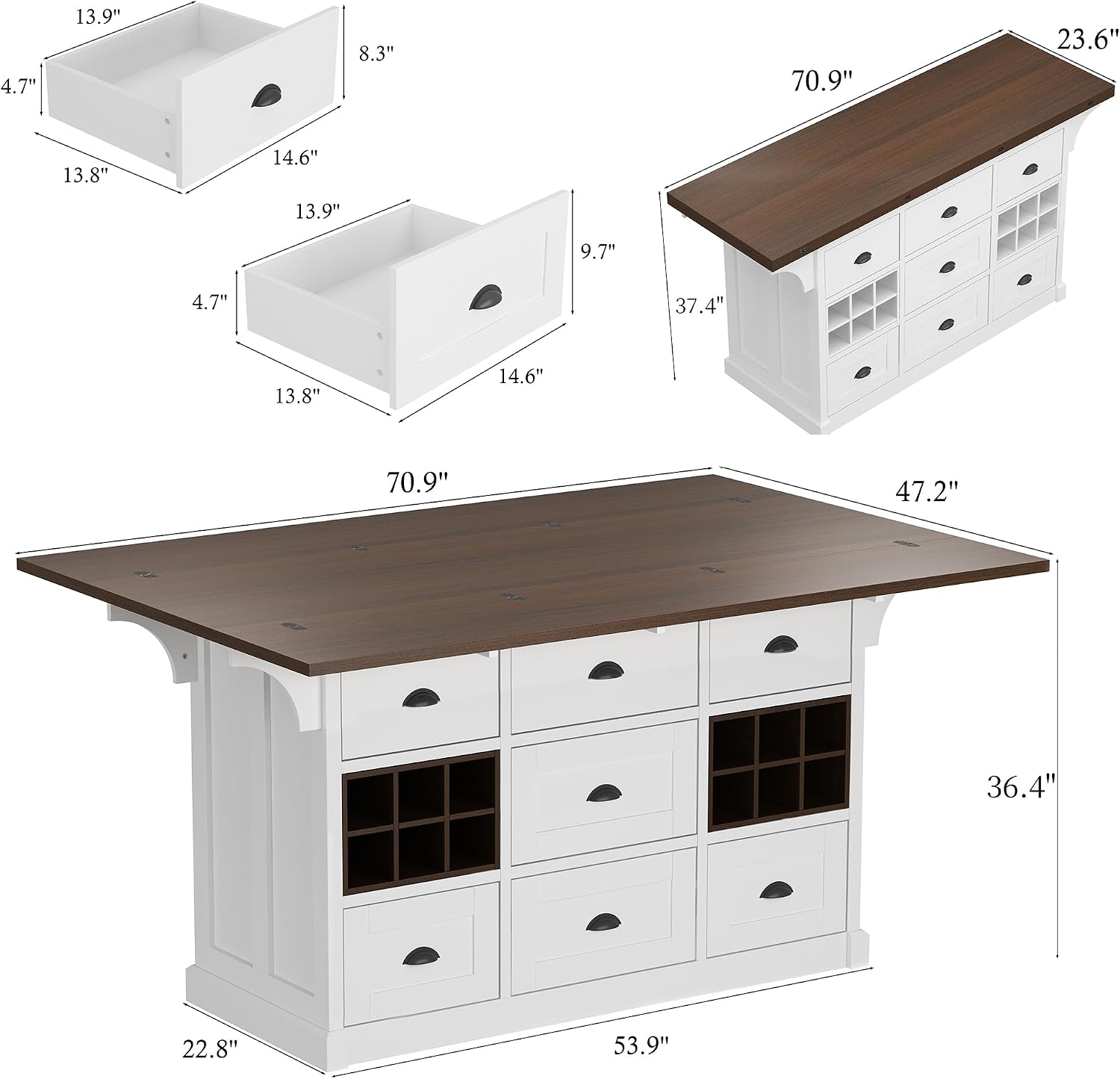 ECACAD 70.9" W Kitchen Island with Folding Drop Leaf, Extendable Stationary Storage Island with Wine Racks & 7 Drawers, Kitchen Prep Table with Wood Grain Tabletop for Dining Room, White & Brown