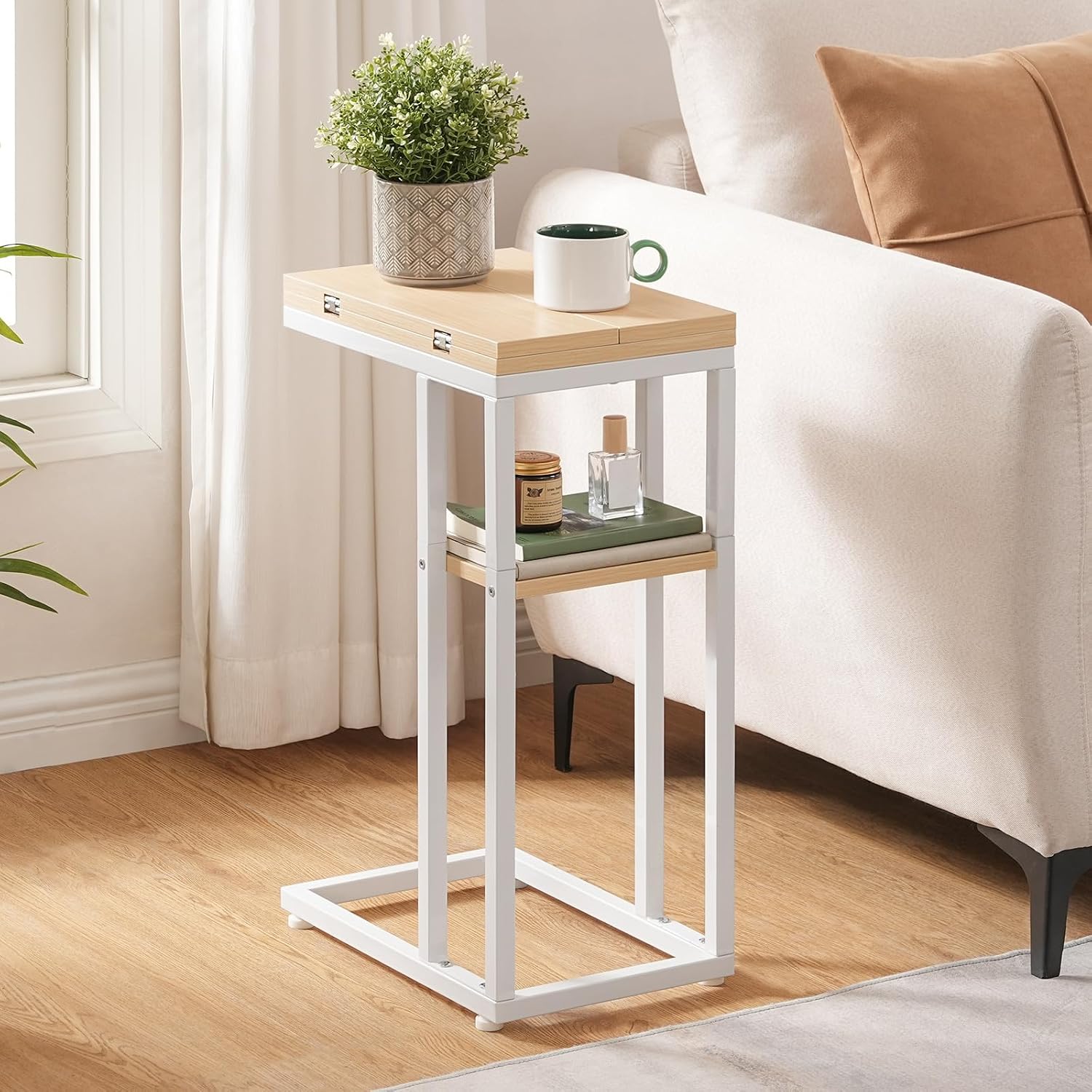 HOOBRO Foldable C Shaped End Table, C Shaped Side Table with Storage Shelf, Small Snack Table, Slide Under Couch Table for Sofa, Living Room Bedroom Small Spaces Easy Assembly, Natural WN29SF01
