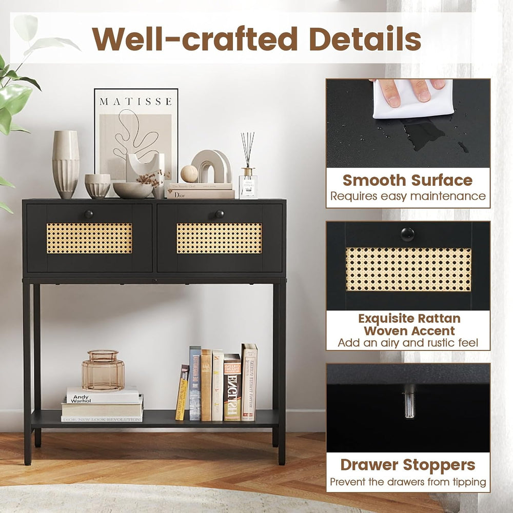 GOFLAME Rattan Console Table, Boho Entryway Table with 2 Drawers & Open S...