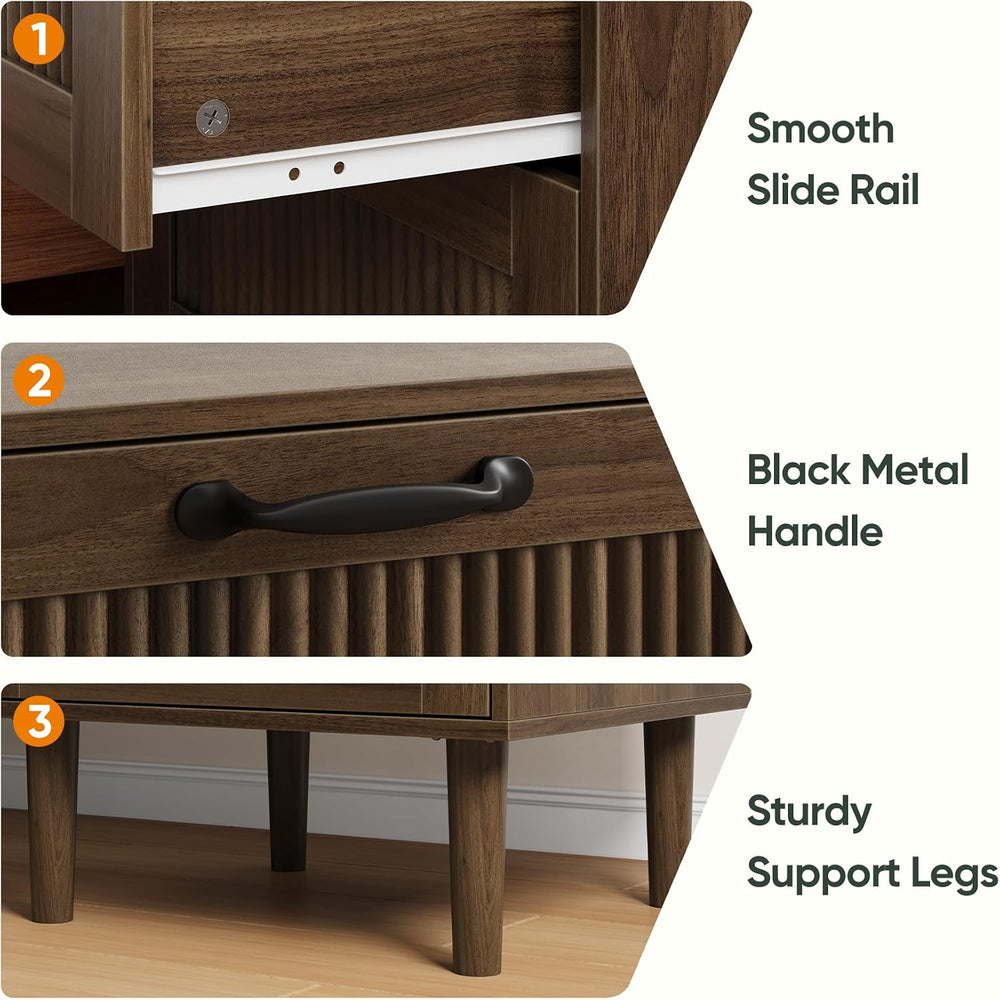 Smart FENDEE Fluted Nightstand with 2 Drawers, Bedside Table with Solid Wood ...