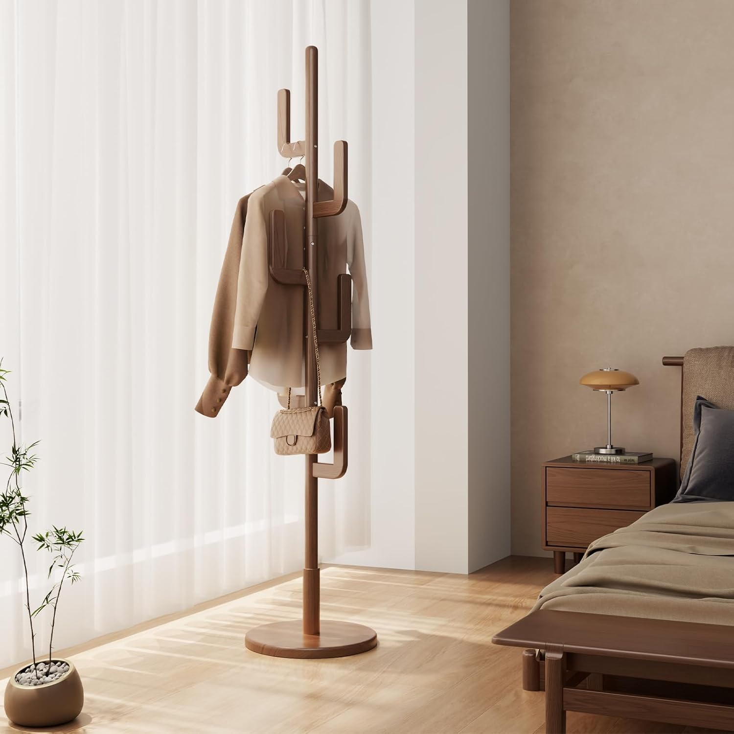 Muwuele Solid Wood Cactus Coat Rack, Freestanding Coat Rack With 6 L-Shaped Hooks and 3 Adjustable Sizes, Coat Tree for Bedroom, Entryway, Livingroom, Coat Hanger Stand for Coats, Handbags (Walnut)