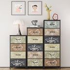 Tohomeor Vintage Dresser Vertical Nightstand with Neutral Botanical Plant Fabric Chest Drawers for Closet Bathroom Storage Tower Unit Bed Side Organizer Farmhouse Rustic (Multi, 6 Drawers)