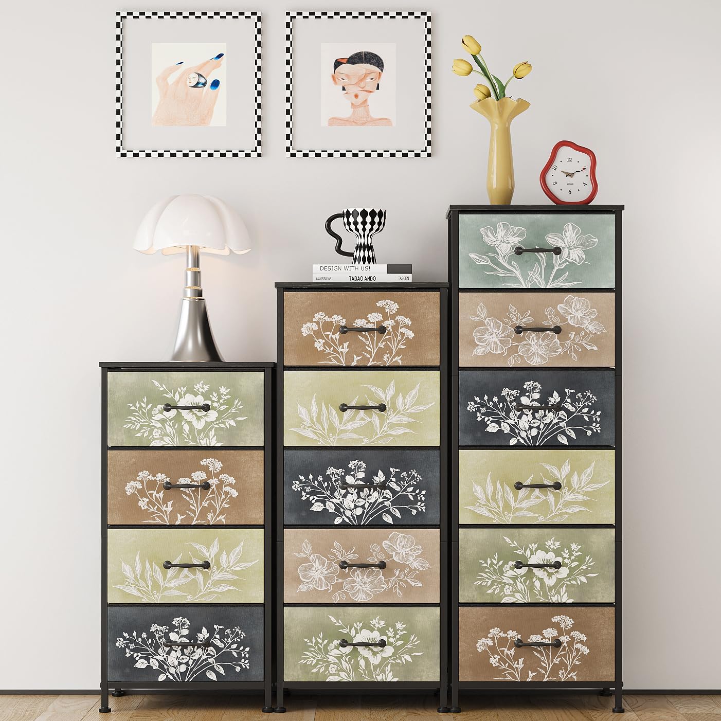 Tohomeor Vintage Dresser Vertical Nightstand with Neutral Botanical Plant Fabric Chest Drawers for Closet Bathroom Storage Tower Unit Bed Side Organizer Farmhouse Rustic (Multi, 6 Drawers)