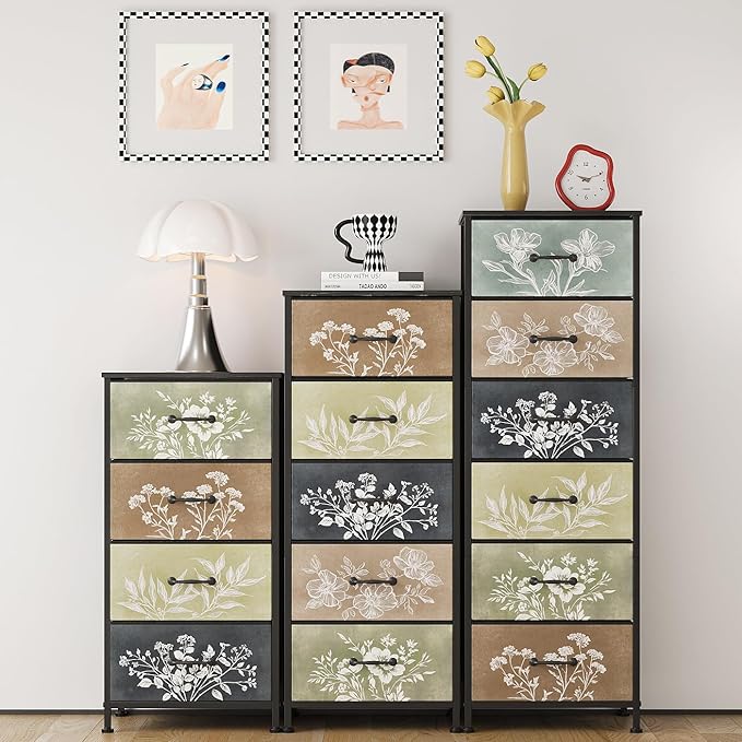 Tohomeor Vintage Dresser Vertical Nightstand with Neutral Botanical Plant Fab...